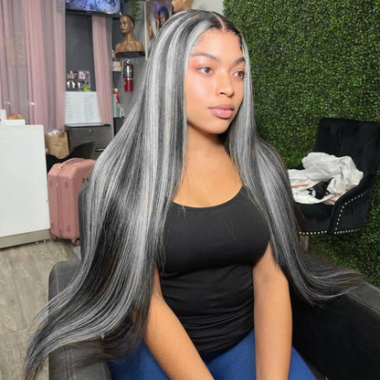 Straight Black Wigs With Gray Highlights Lace Front Wig