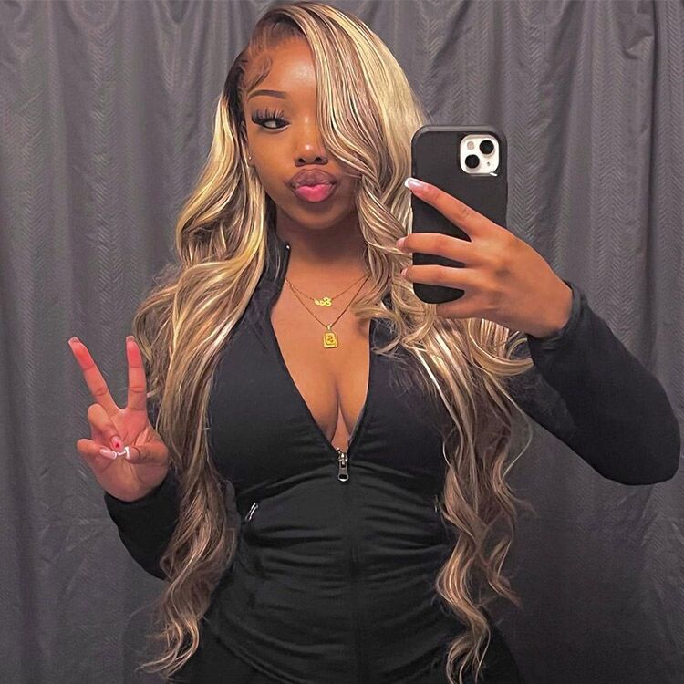 Blonde Highlight Wig Body Wave Dark Brown Wig With Blonde Highlights