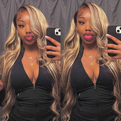 Blonde Highlight Wig Body Wave Dark Brown Wig With Blonde Highlights