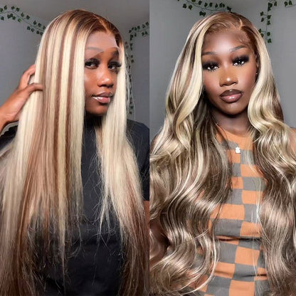 Blonde Highlight Wig Body Wave Dark Brown Wig With Blonde Highlights