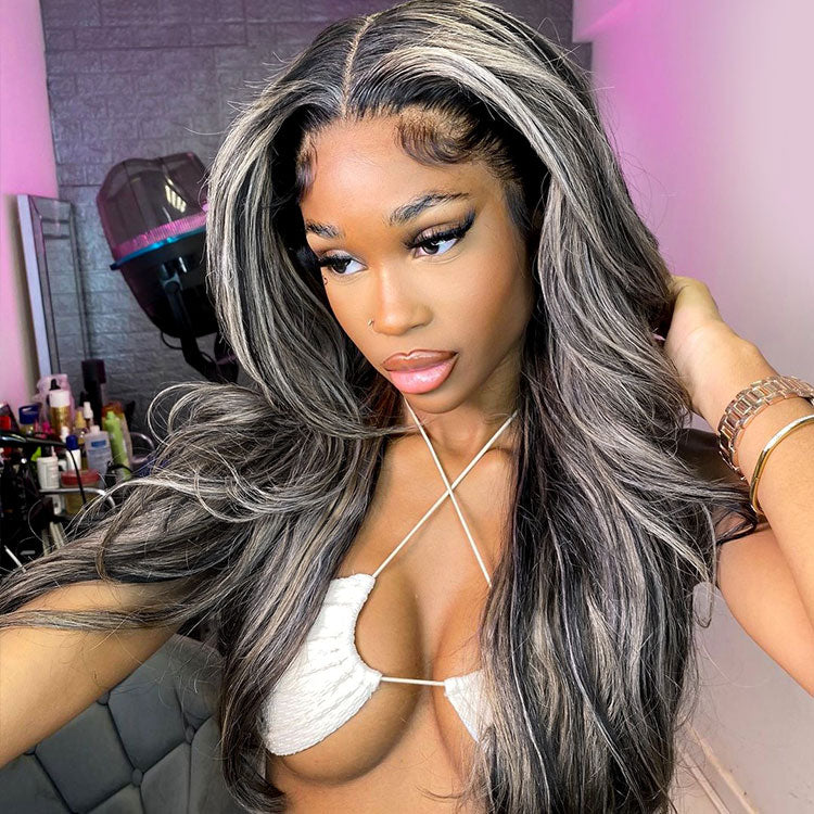 Body Wave Highlight Wigs Black Human Hair Wigs With Grey Highlights