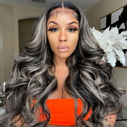 Body Wave Highlight Wigs Black Human Hair Wigs With Grey Highlights