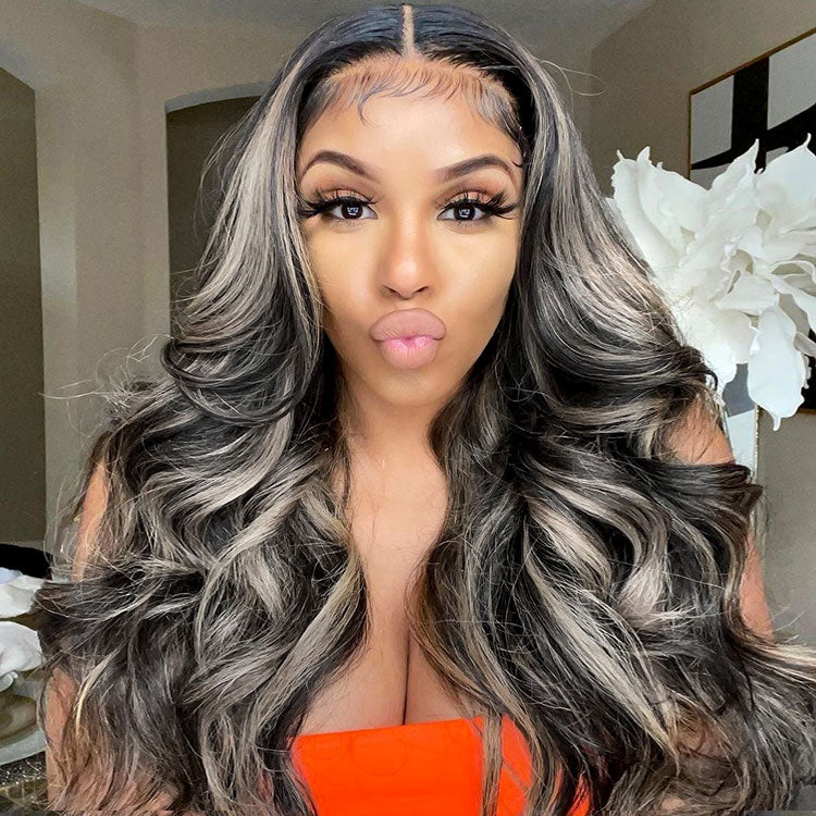 Body Wave Highlight Wigs Black Human Hair Wigs With Grey Highlights