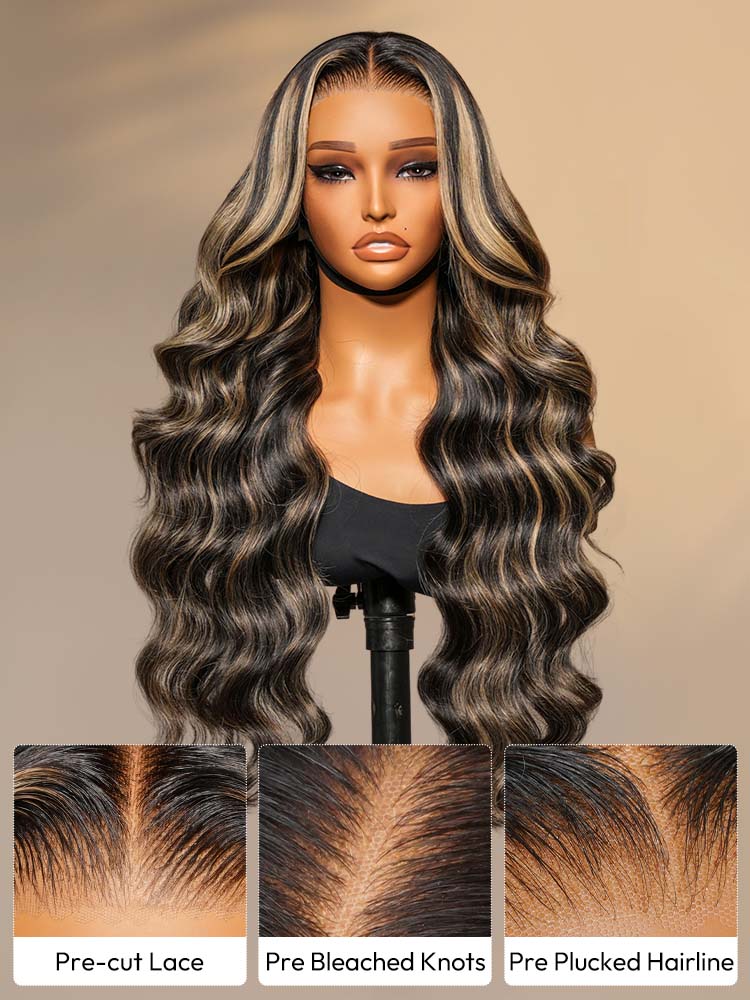 Glueless Black With Honey Blonde Highlights Body Wave Piano Colored 13*6 Lace Front Wig