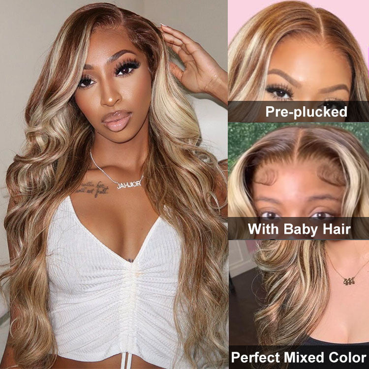 Blonde Highlight Wig Body Wave Dark Brown Wig With Blonde Highlights