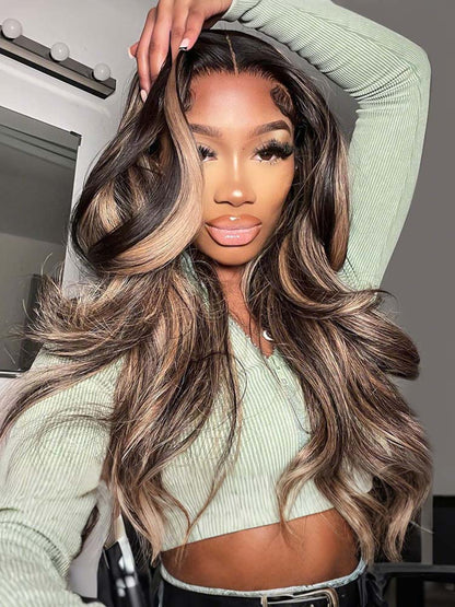 Glueless Black With Honey Blonde Highlights Body Wave Piano Colored 13*6 Lace Front Wig