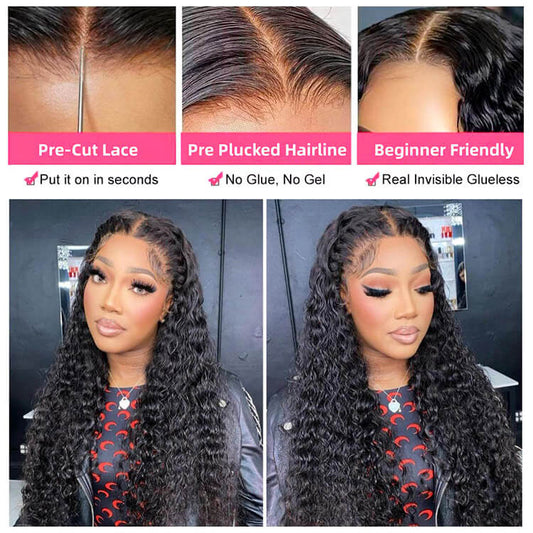 Deep Wave 180% Density 4*7 Ready To Go Lace Wigs With Bleached Knots