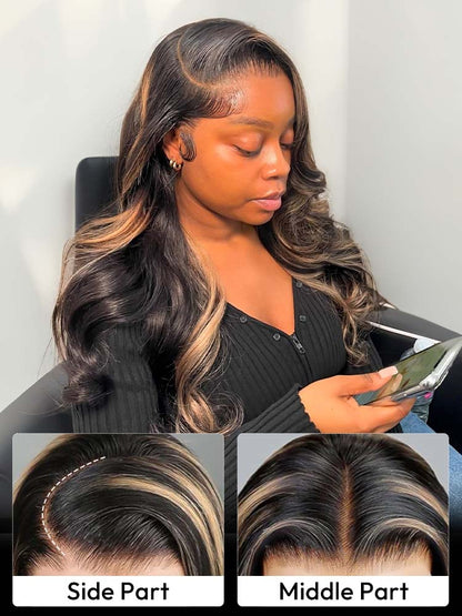 Glueless Black With Honey Blonde Highlights Body Wave Piano Colored 13*6 Lace Front Wig