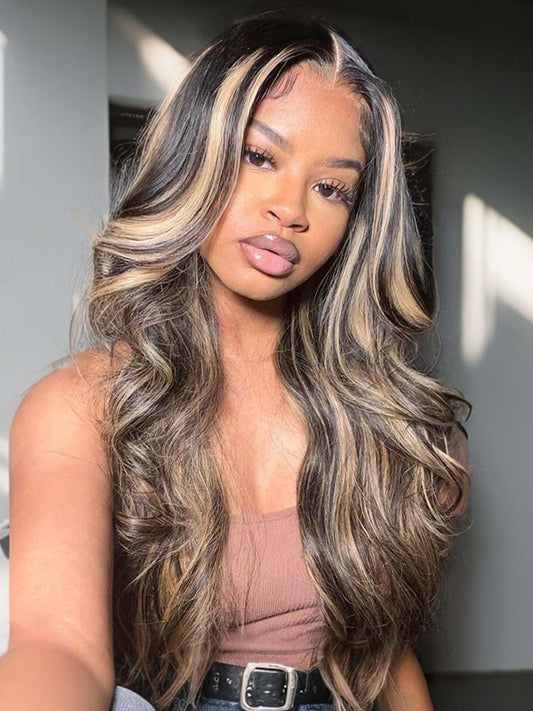Glueless Black With Honey Blonde Highlights Body Wave Piano Colored 13*6 Lace Front Wig