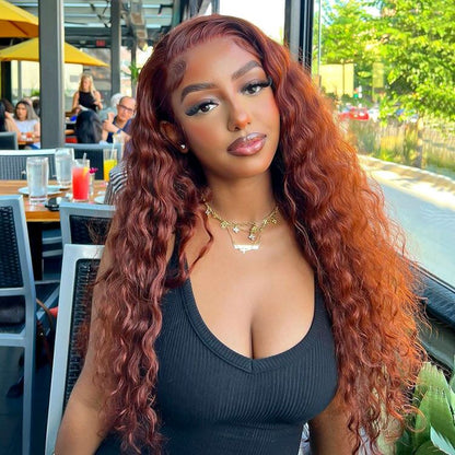 Deep Wave Reddish Brown Wigs Transparent Dark Brown Red Lace Wig