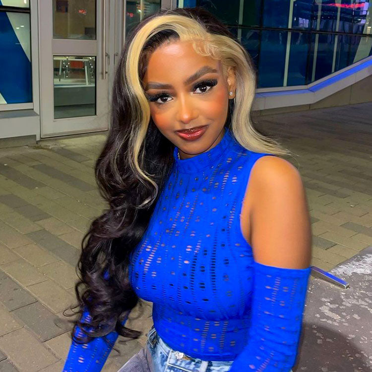 Skunk Stripe Wig with Honey Blonde Highlights Body Wave Human Hair Lace Frontal Wig