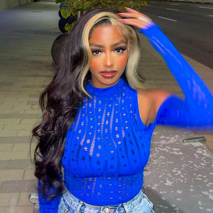 Skunk Stripe Wig with Honey Blonde Highlights Body Wave Human Hair Lace Frontal Wig