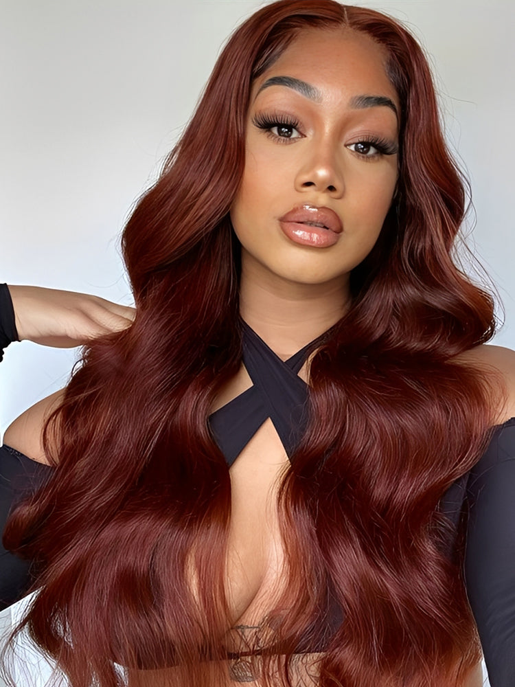 Reddish Brown Human Hair Wigs Body Wave Dark Red Brown Lace Wig